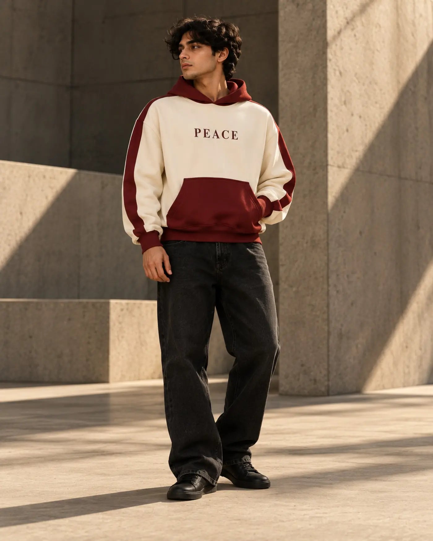 Model wearing Peace Hoodie from the front