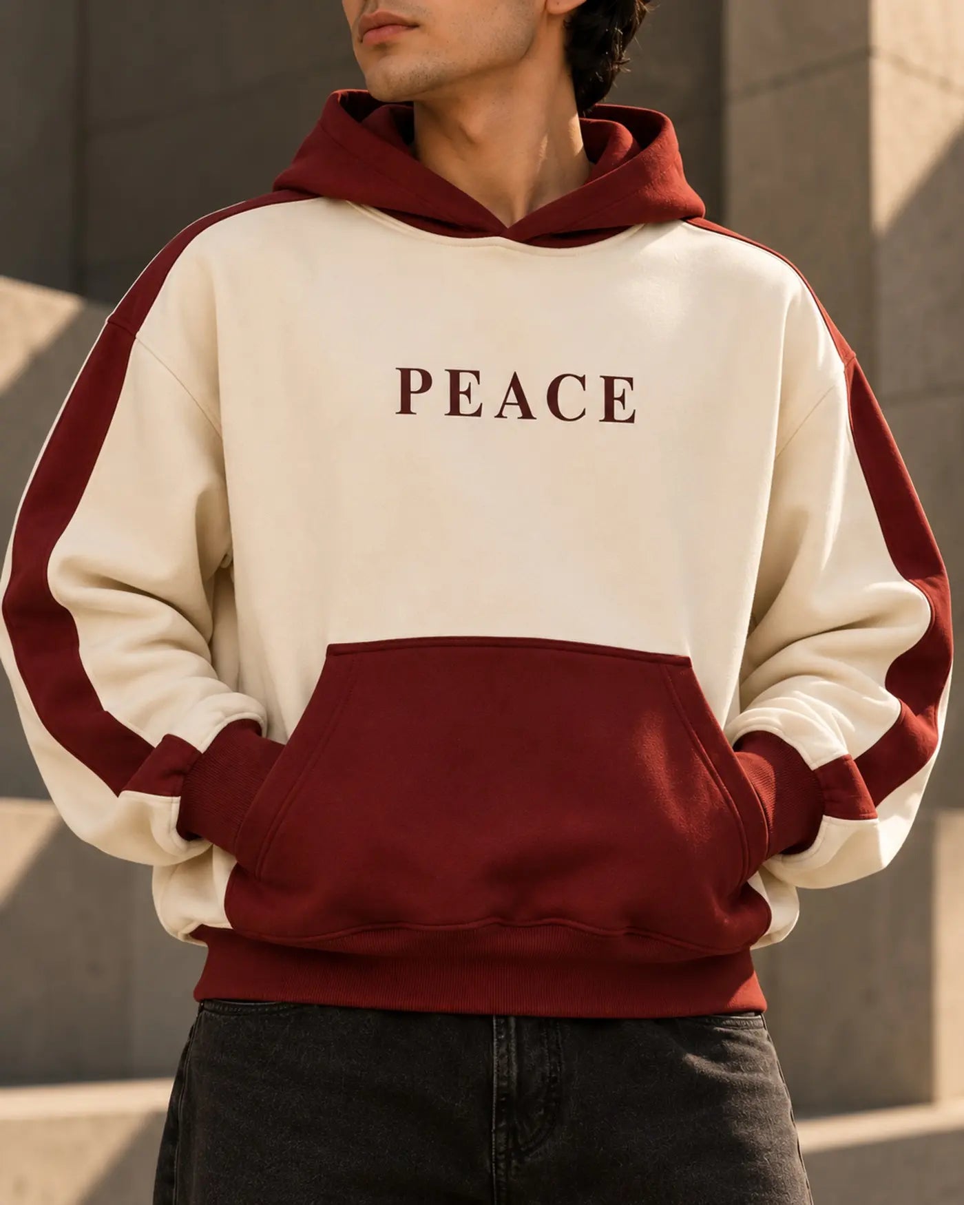 Peace Hoodie front print and pocket detail