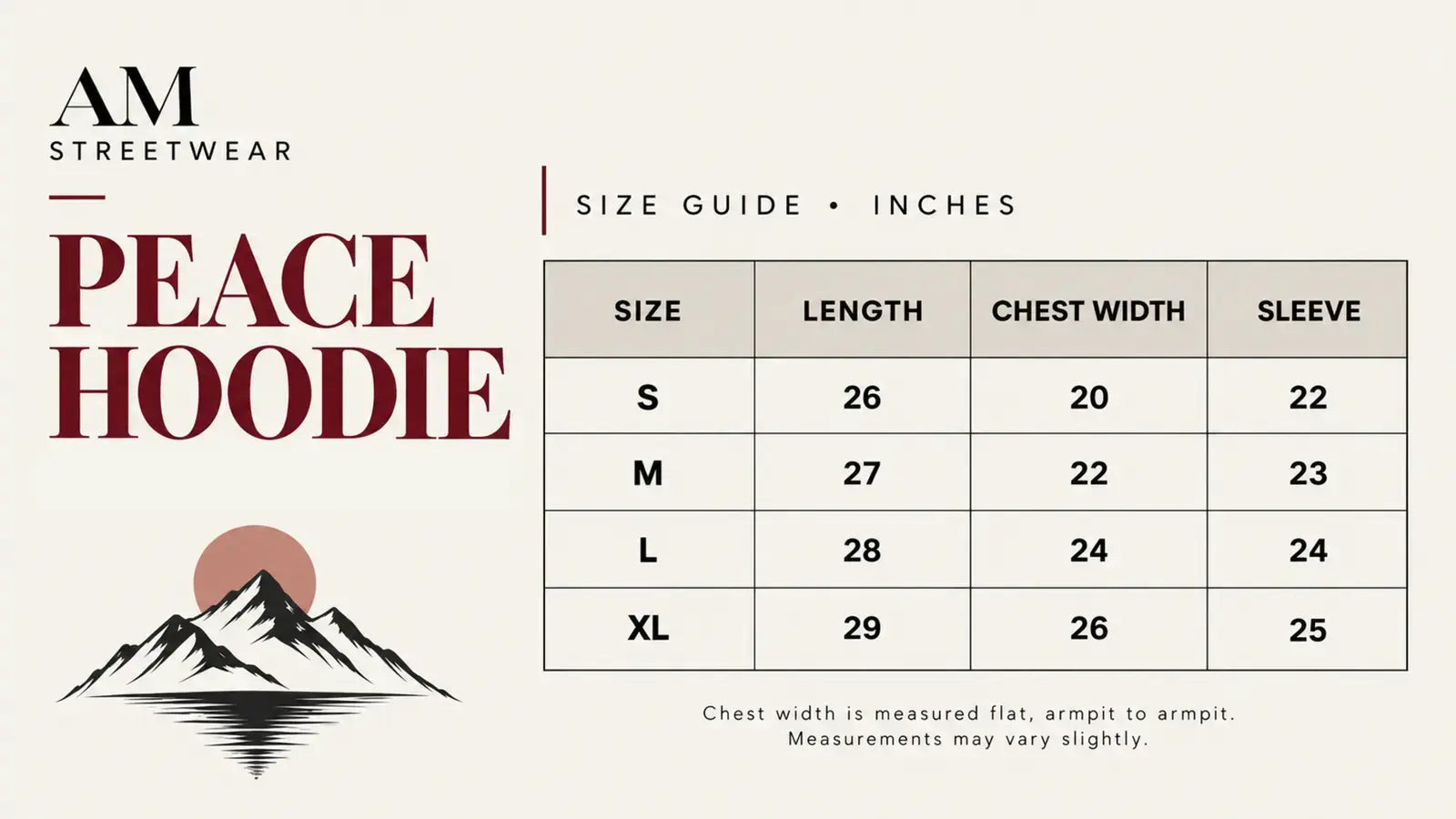 Peace Hoodie size guide in inches: S through XL